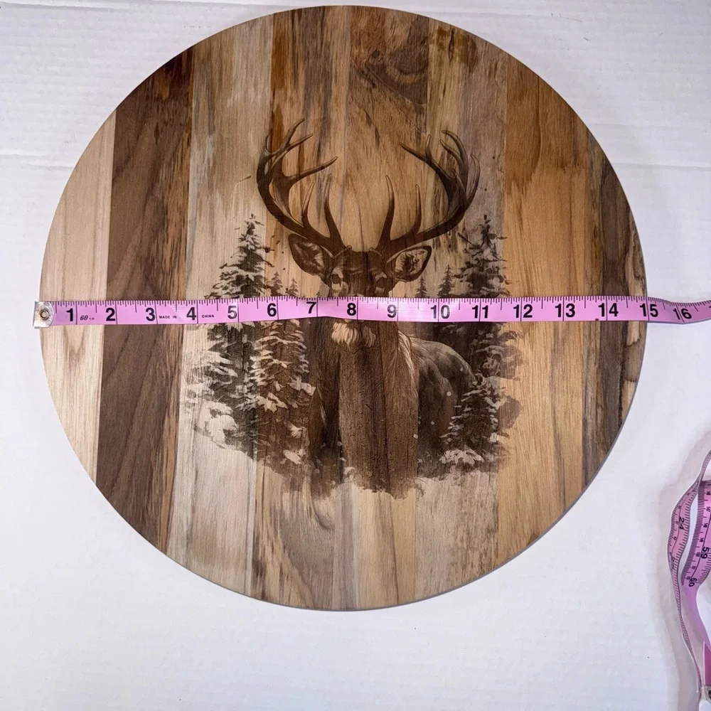 Teak Wood Round Cutting Board Deer Scene Rustic Engraved Decor Serving Board